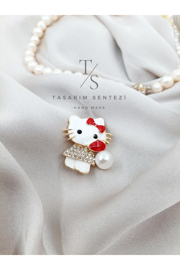 Brooch Metal Cat Ribbon Stone Pearl