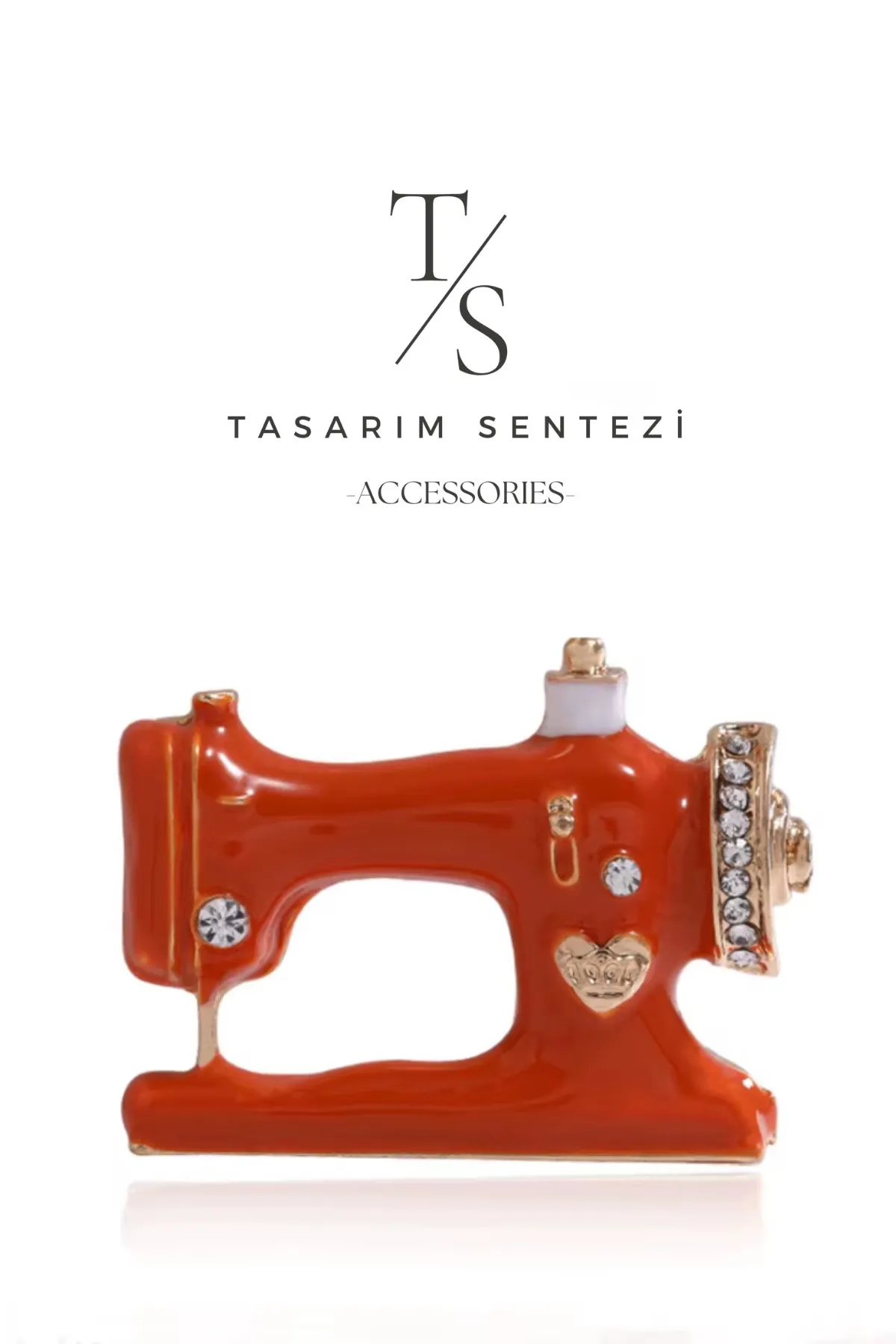 Broş Metal Dikiş Makinesi Taşlı Terzi Turuncu Nakış 