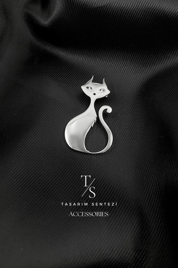 Broş Çelik Kedi Antik Hayvan Silver