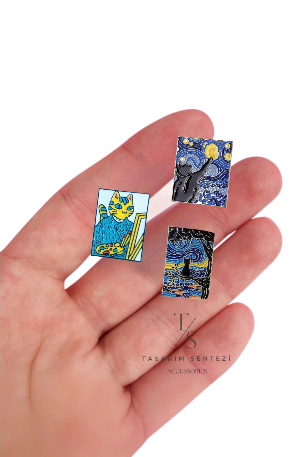 Rozet Metal 3’lü Van Gogh Kedi Serisi Boya Tablo