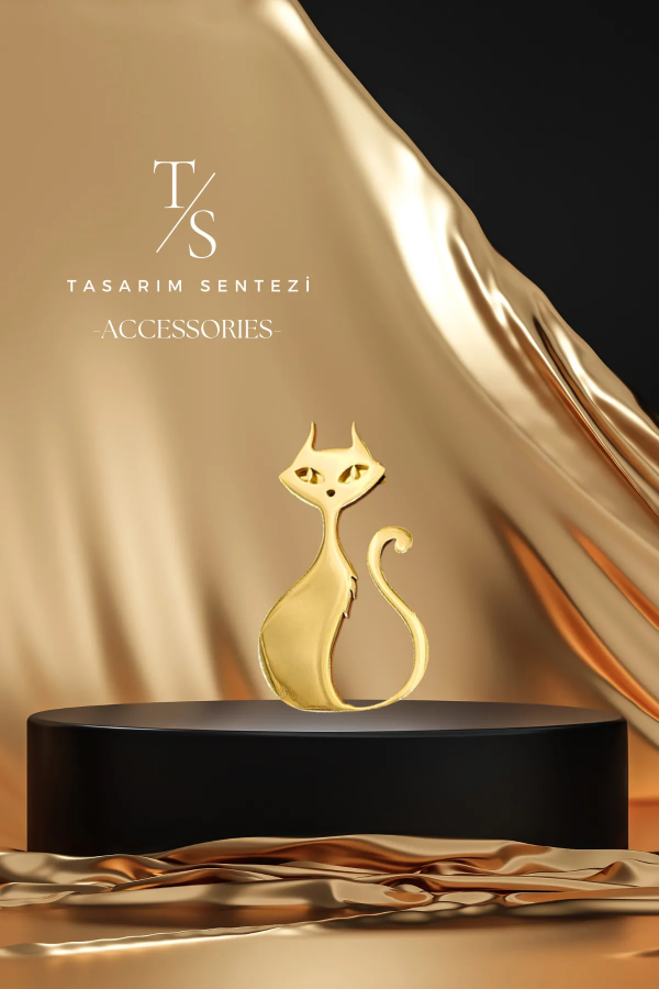 Broş Çelik Kedi Antik Hayvan Gold
