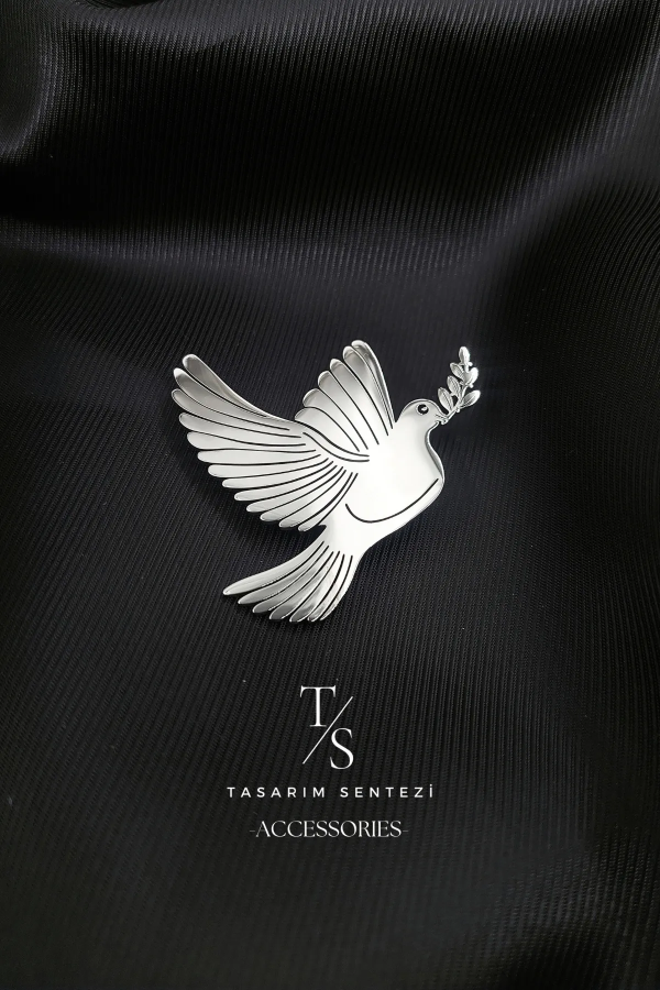 Broş Çelik Güvercin Zeytin Dalı Barış Silver