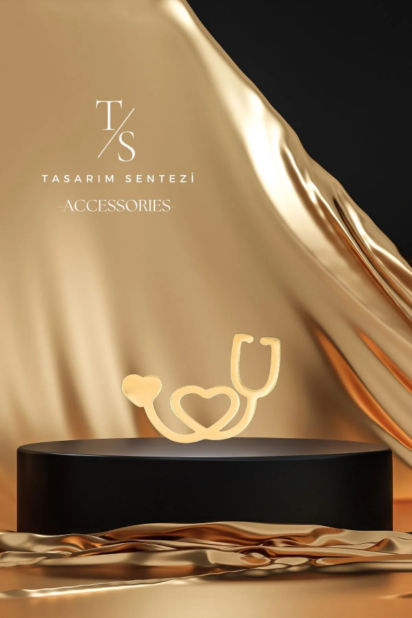 Broş Çelik Steteskop Gold Sağlık Hemşire Doktor