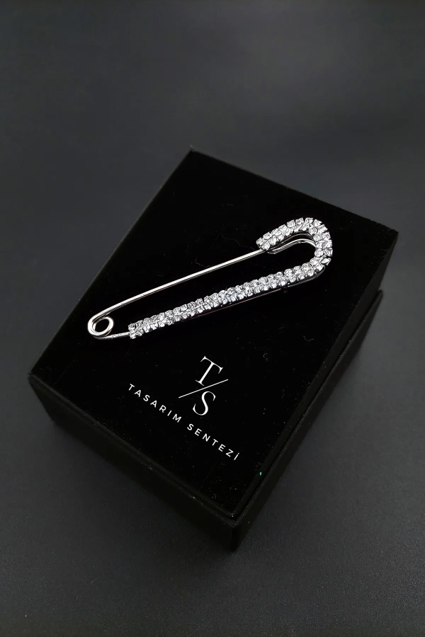 Broş Metal Çengelli iğne Silver Taşlı Yaka iğnesi