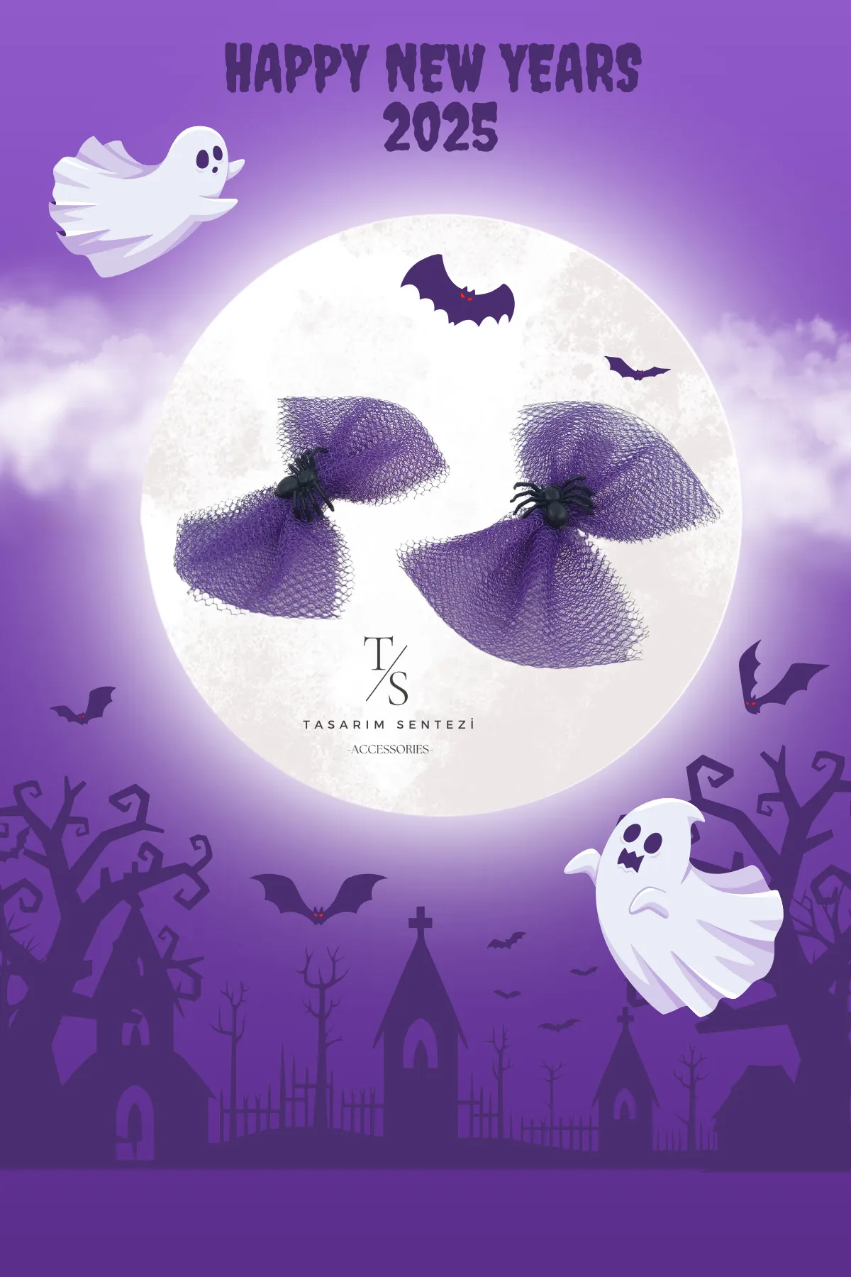 2’li Halloween Mor Tül Böcekli Parti Saç Tokası
