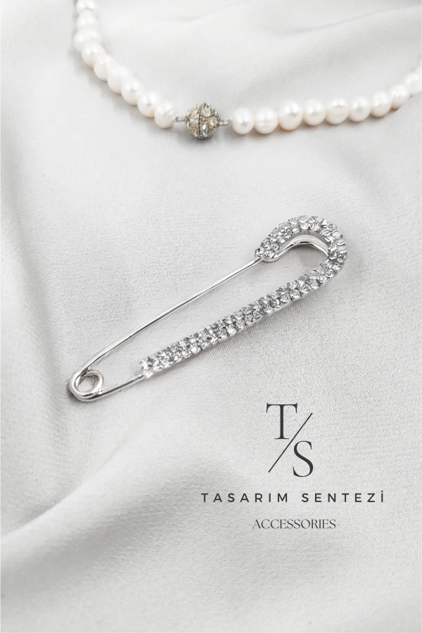 Broş Metal Çengelli iğne Silver Taşlı Yaka iğnesi