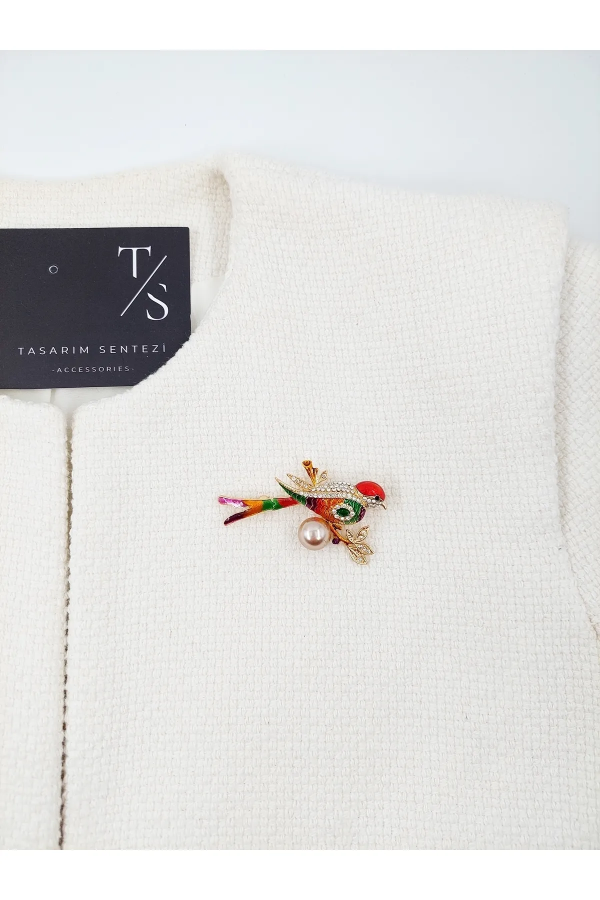 Brooch Metal Bird Canary Stone Pearl