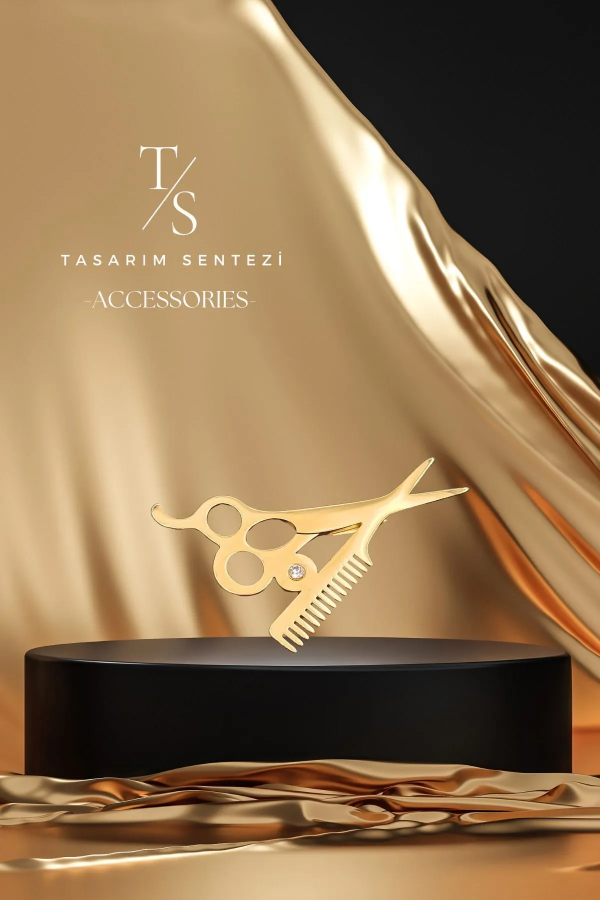 Broş Çelik Kuaför Makas Tarak Berber Gold Taşlı