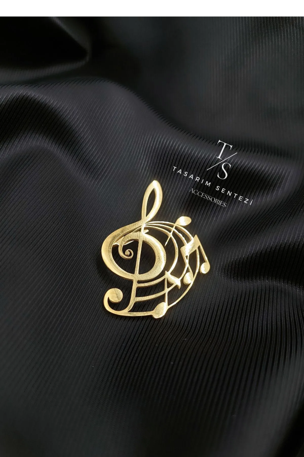 Broş Çelik Muzik Nota Sol Anahtari Gold Music