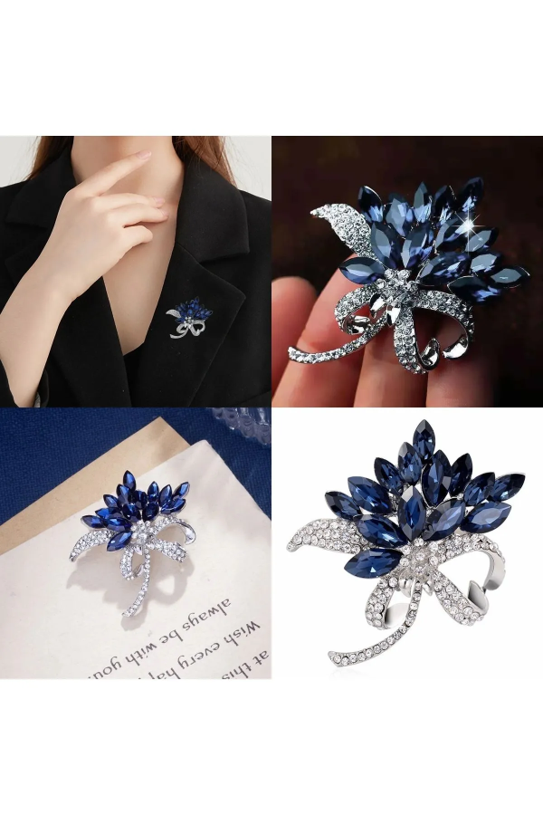 Broş Metal Buket Çiçek Mavi Taşlı Kristal