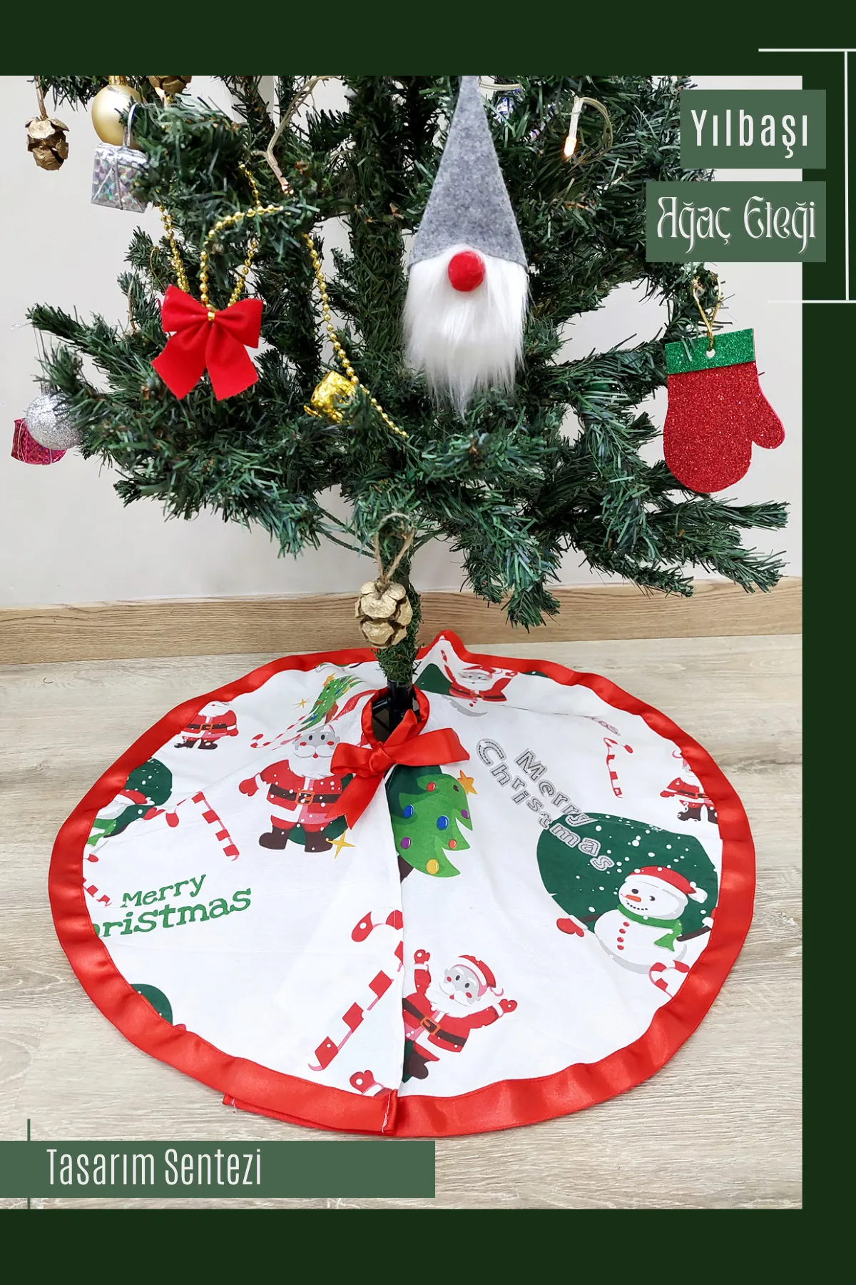 Yılbaşı Çam Ağacı Eteği Örtüsü Christmas Noel Kırmızı Beyaz