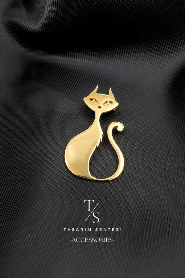 Broş Çelik Kedi Antik Hayvan Gold