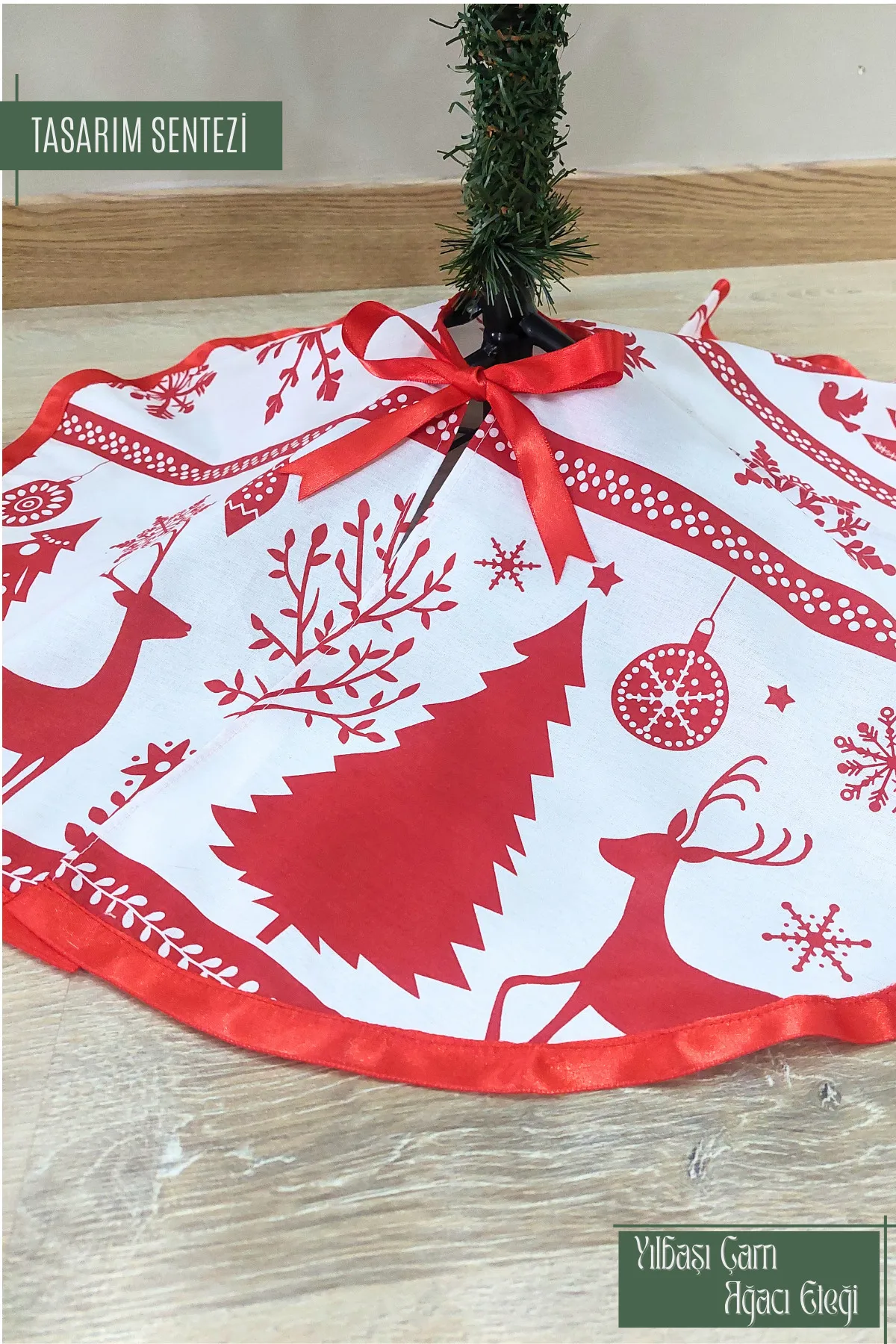 Yılbaşı Çam Ağacı Eteği Örtüsü Christmas Kırmızı Geyikli