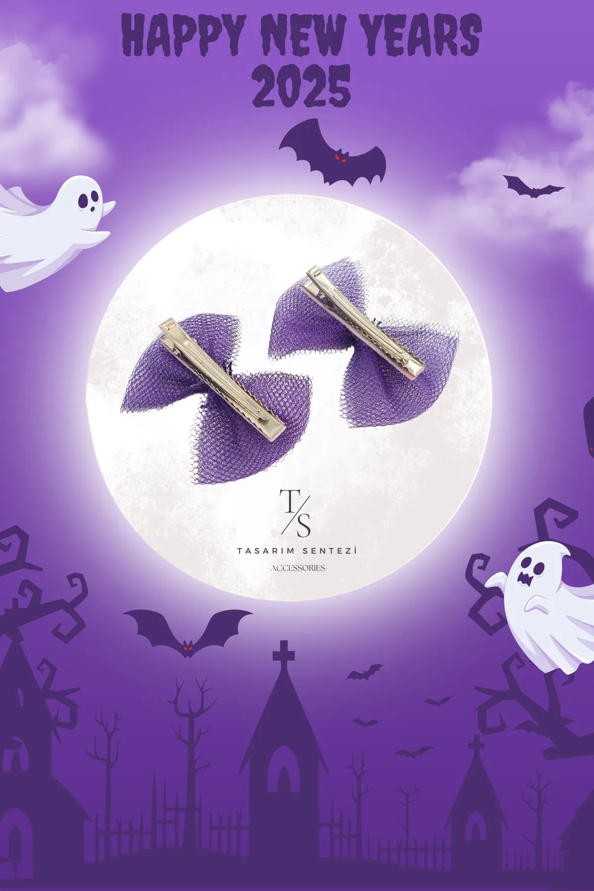 2’li Halloween Mor Tül Böcekli Parti Saç Tokası