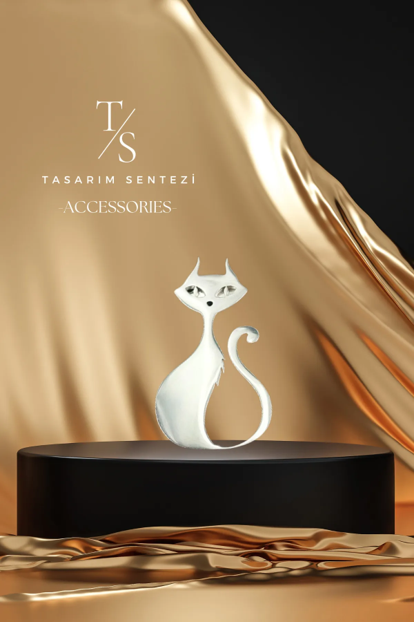 Broş Çelik Kedi Antik Hayvan Silver