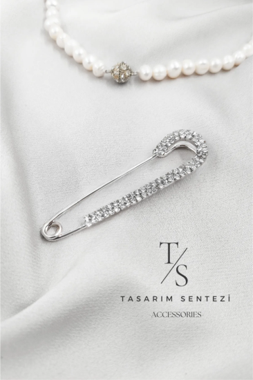 Broş Metal Çengelli iğne Silver Taşlı Yaka iğnesi