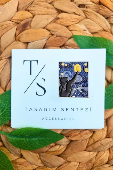 Rozet Metal Van Gogh Kedi Tablosu Yildizli Gece