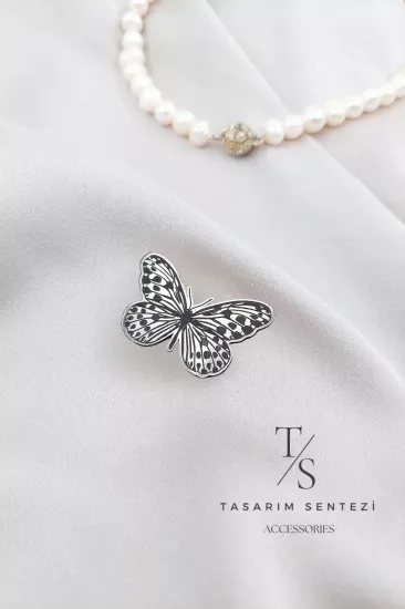  Broş Çelik Kelebek Siyah Silver Çizgili Butterfly