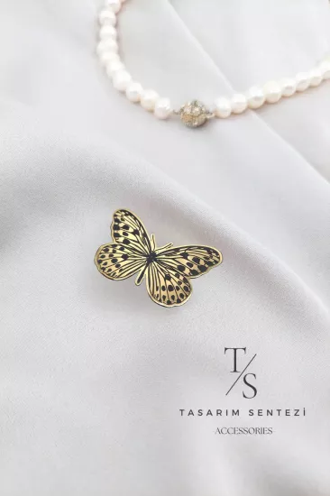 Broş Çelik Kelebek Siyah Gold Çizgili Butterfly