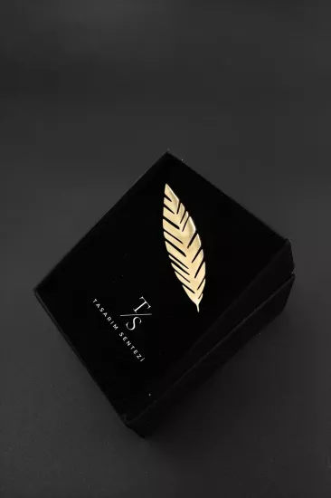 Broş Çelik Tüy Yaprak Çiçek Gold