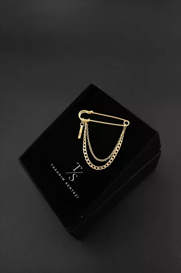 Broş Metal Zincirli Çengelli Yaka iğnesi Gold