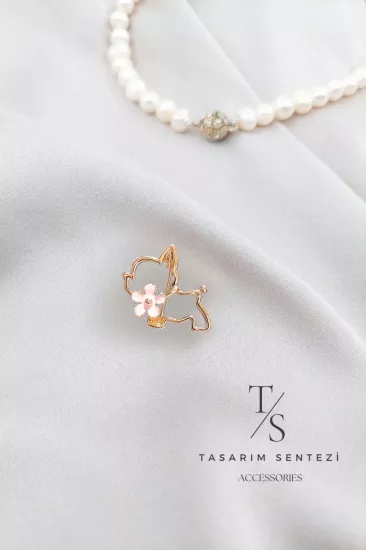 Broş Metal Tatlı Köpek Pembe Çiçekli Küçük