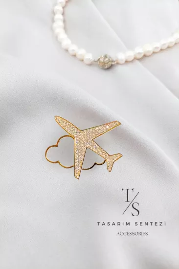 Broş Metal Uçak Bulut Gold Hostes Fly