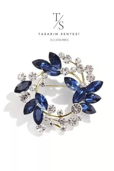 Broş Metal Mavi Taşlı Yuvarlak Çelenk