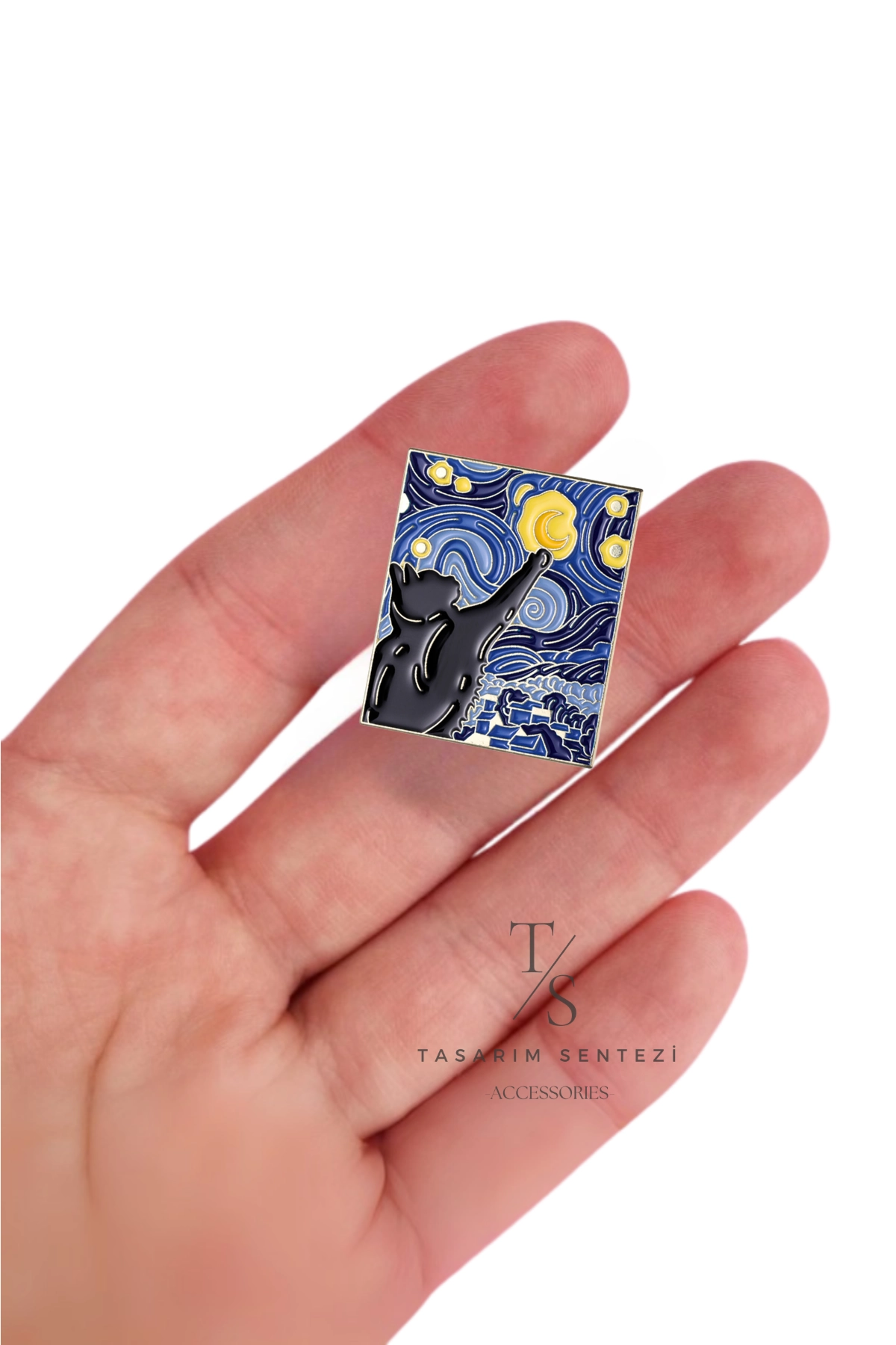 Rozet Metal Van Gogh Kedi Tablosu Yildizli Gece