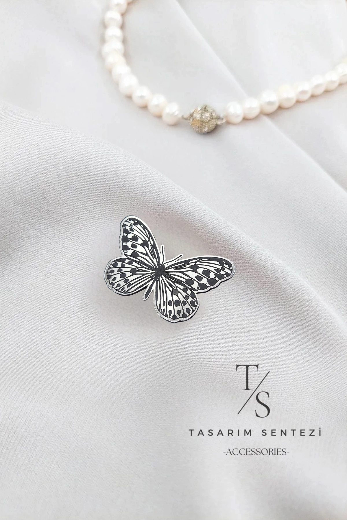  Broş Çelik Kelebek Siyah Silver Çizgili Butterfly