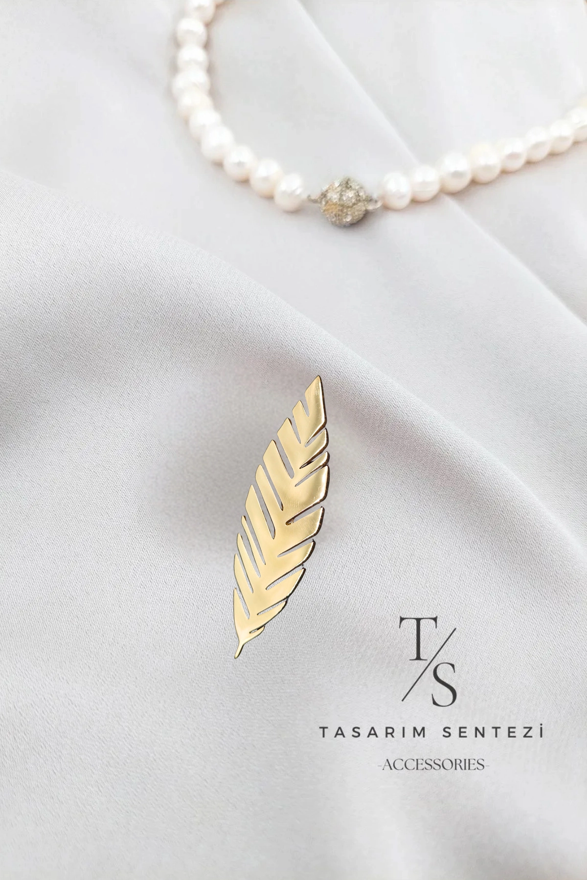 Broş Çelik Tüy Yaprak Çiçek Gold