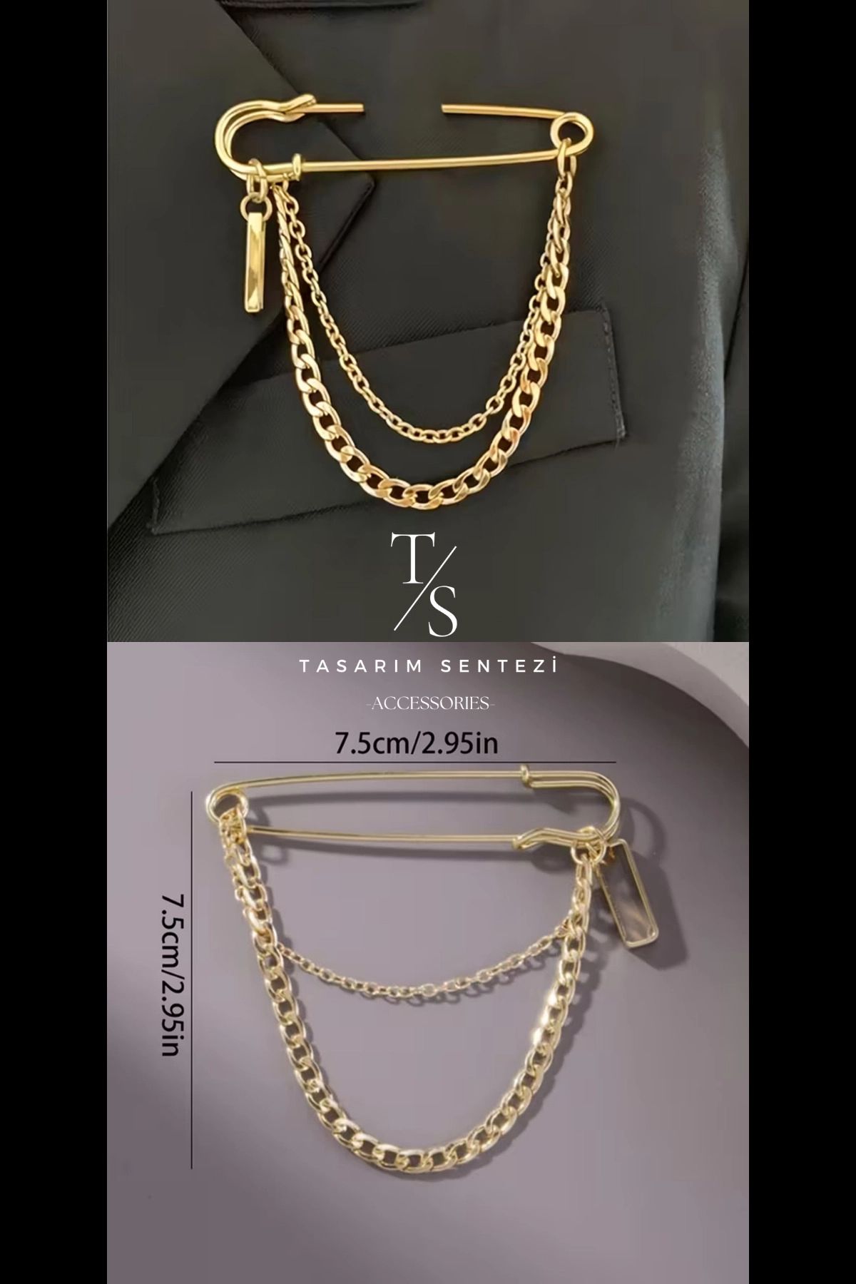 Broş Metal Zincirli Çengelli Yaka iğnesi Gold