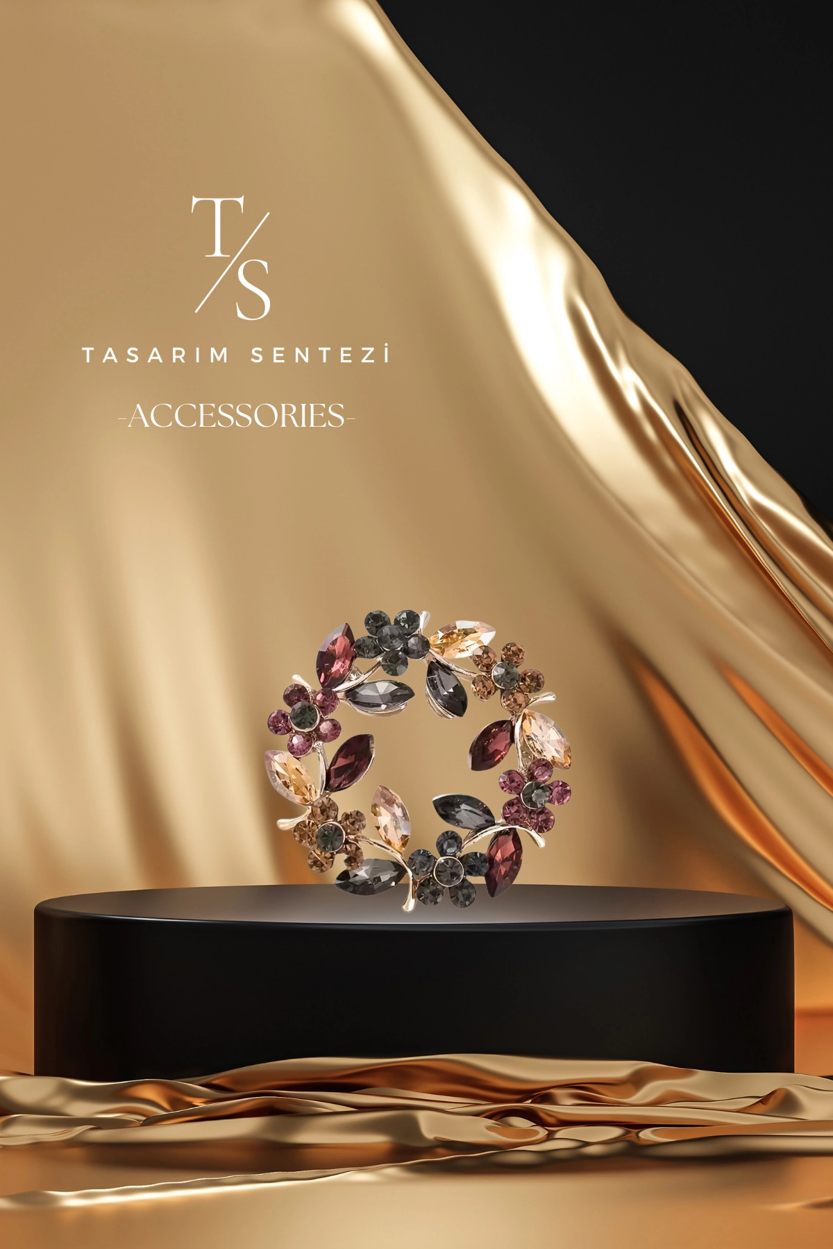 Broş Metal Kristal Taşlı Çelenk Mor Siyah Sarı Çiçekli