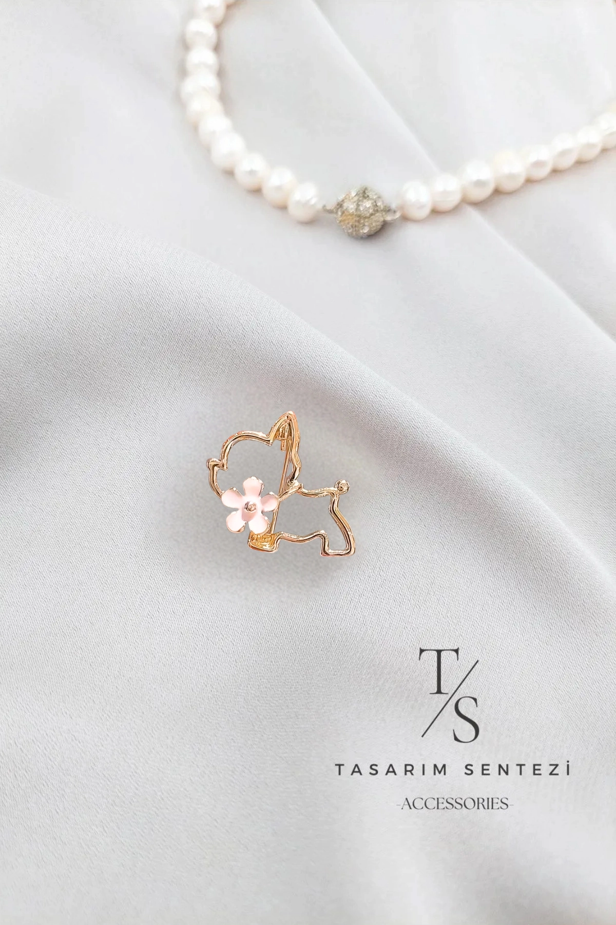 Broş Metal Tatlı Köpek Pembe Çiçekli Küçük
