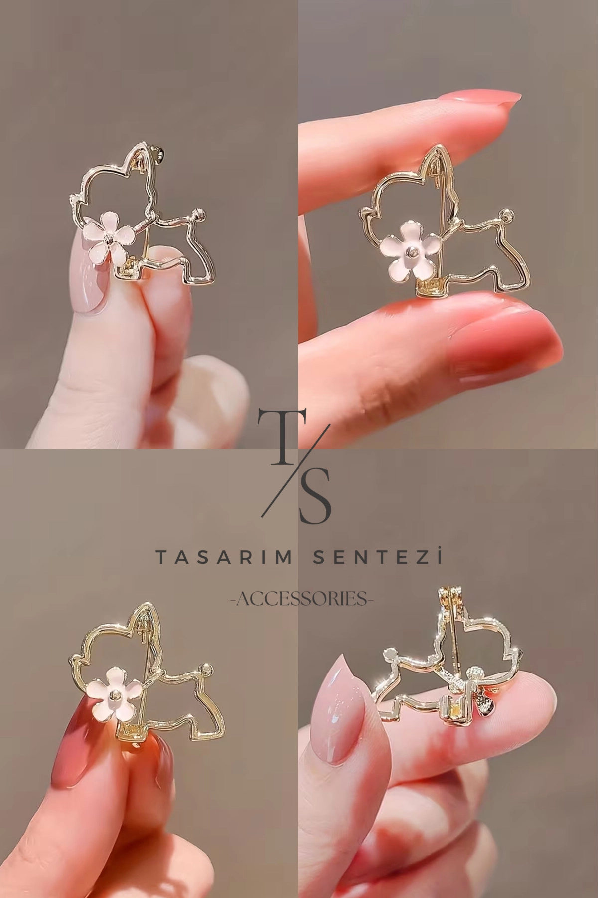 Broş Metal Tatlı Köpek Pembe Çiçekli Küçük