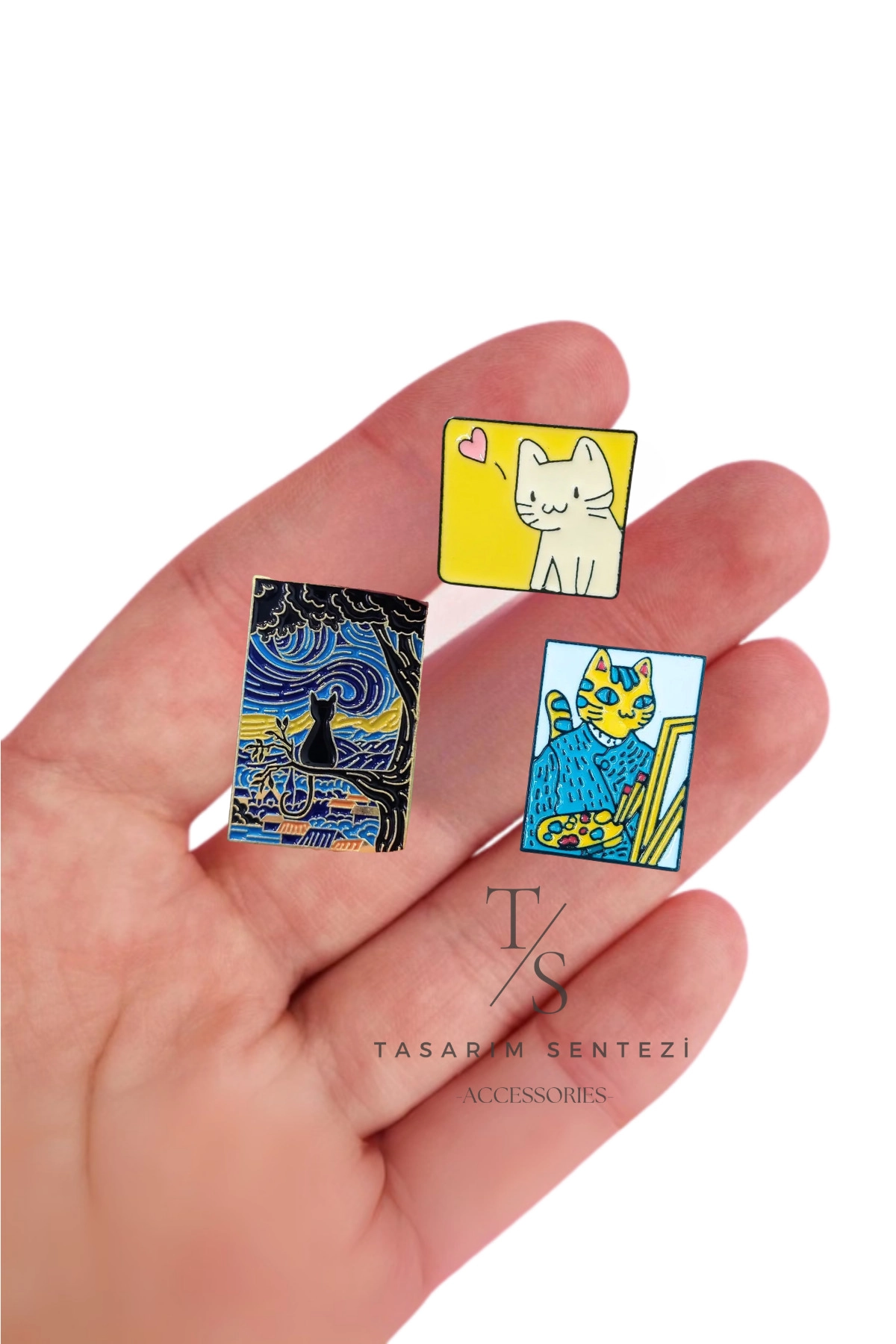 Rozet Metal 3’lü Kedi Van Gogh Yağlı Boya Tablo Resim