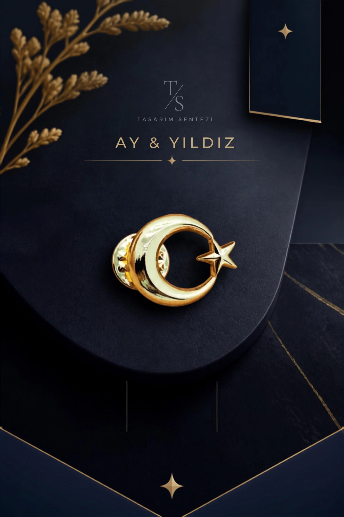 Rozet Metal Ay Yildiz Hilal Bayrak Gold