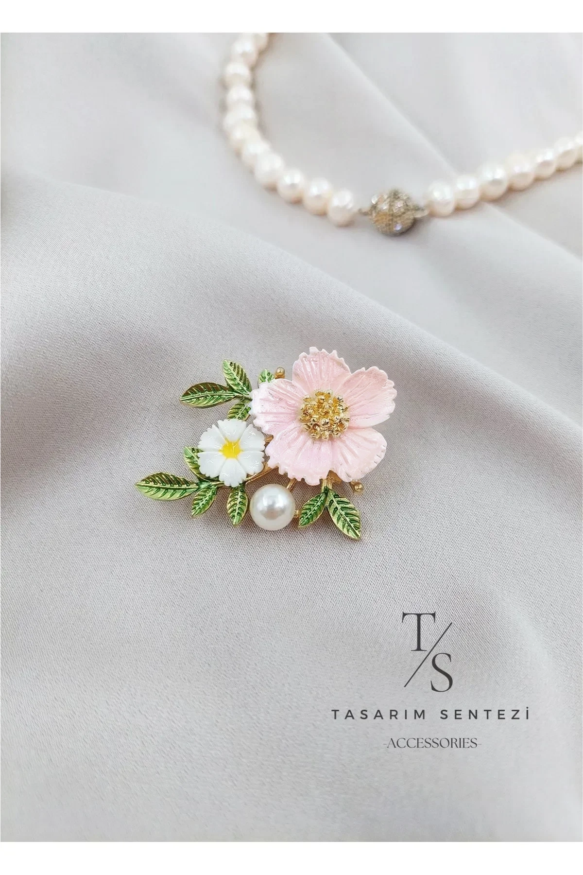 Brooch Metal Daisy Pearl Leaf Flower Branch