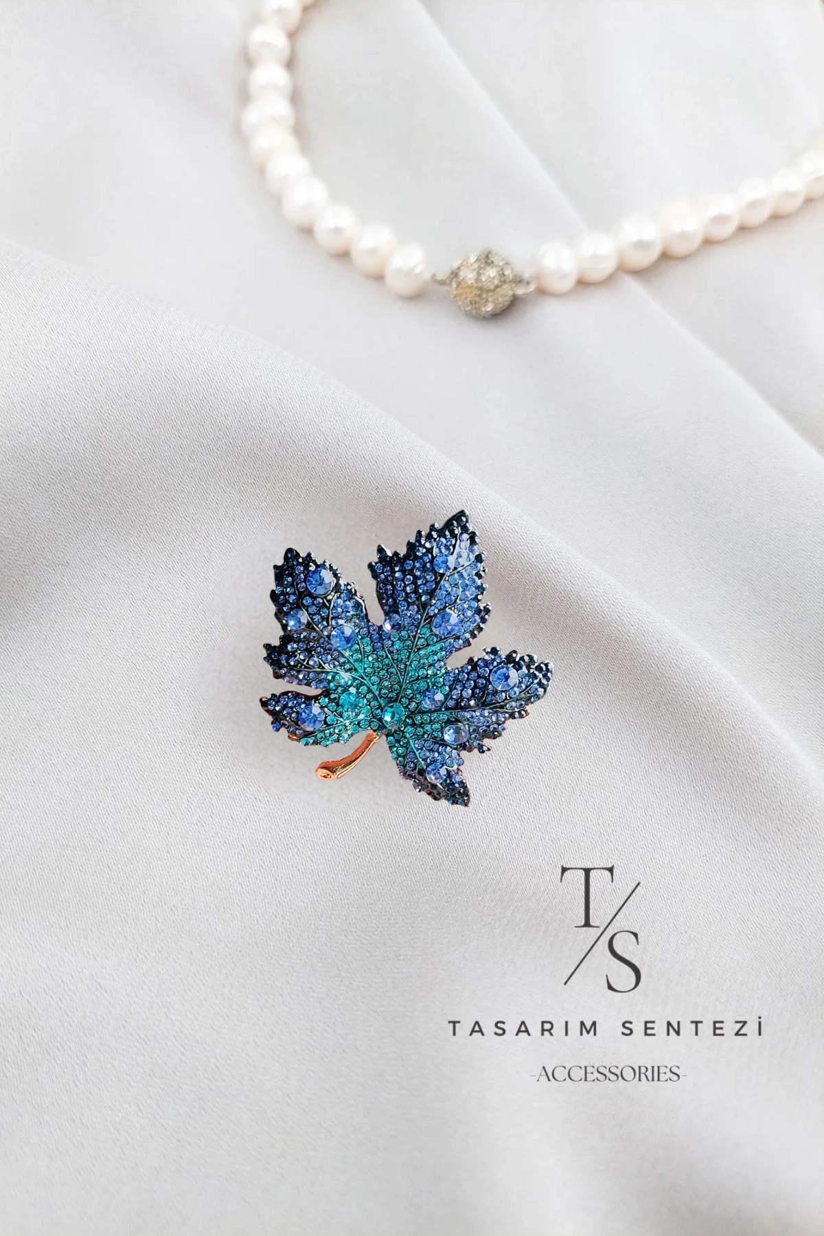 Brooch Metal Leaf Stone Blue