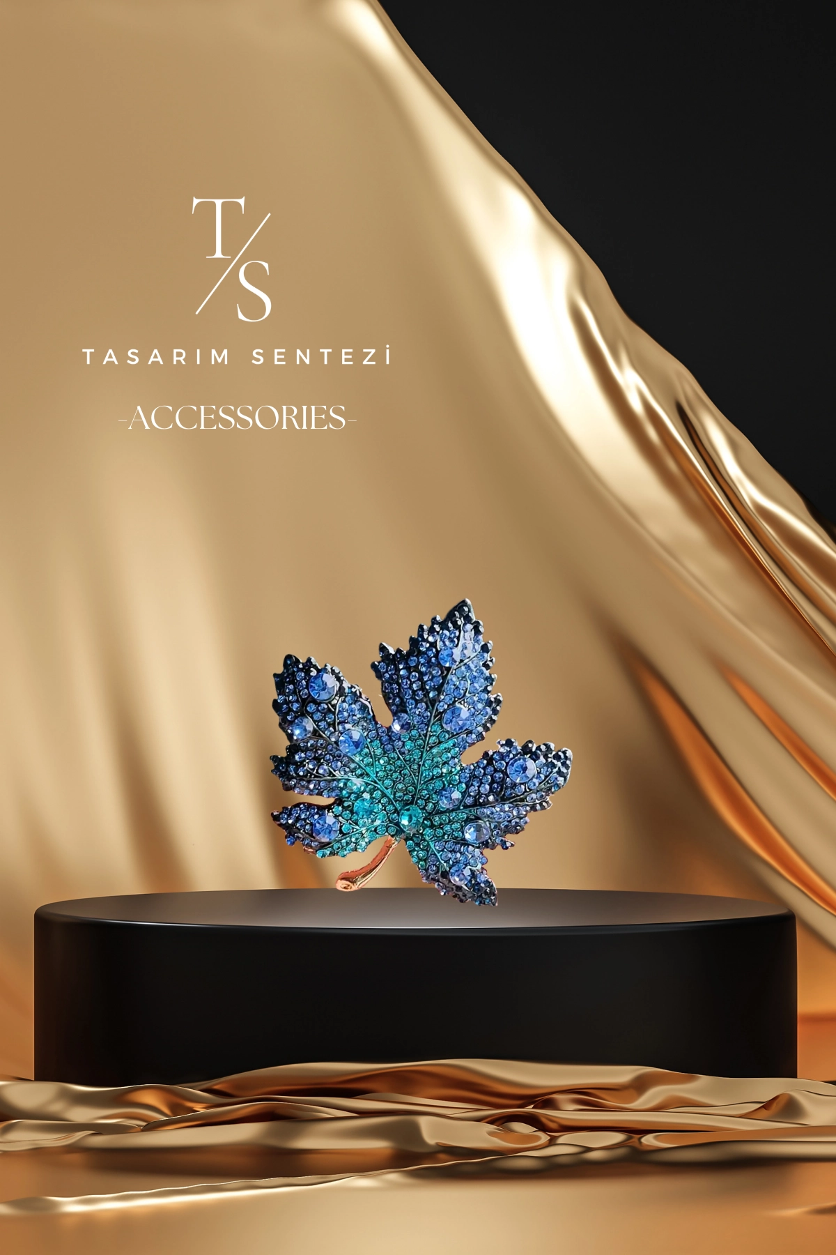 Brooch Metal Leaf Stone Blue