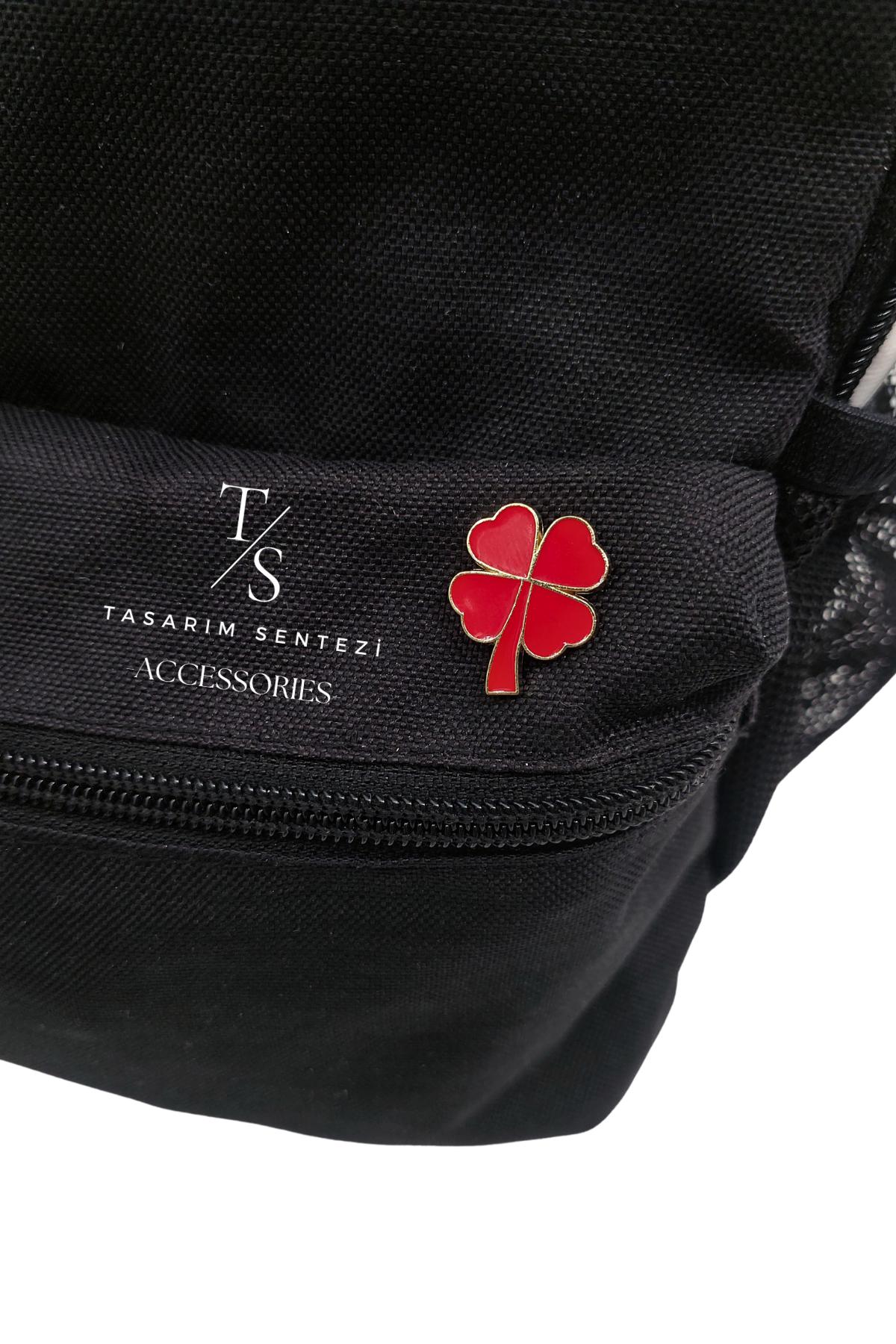 Badge Metal Clover Leaf Red Flower