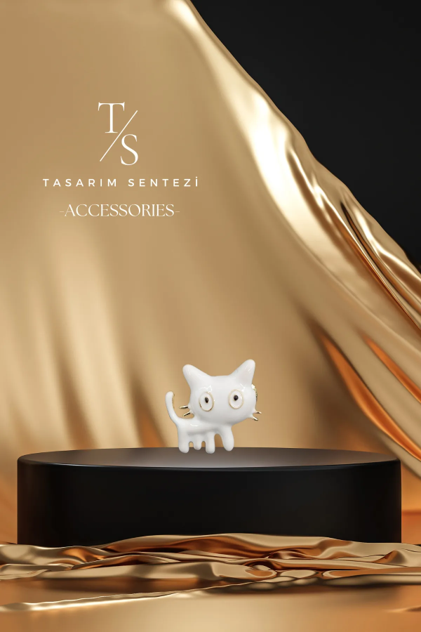 Brooch Metal White Cat