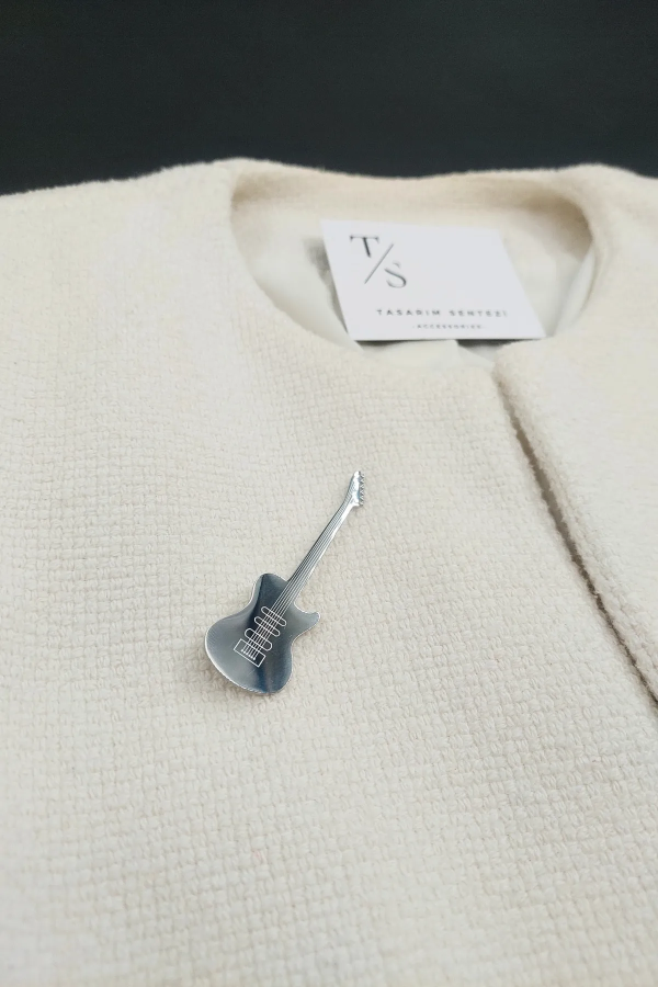 Broş Çelik Elektronik Gitar Muzik Rock Silver