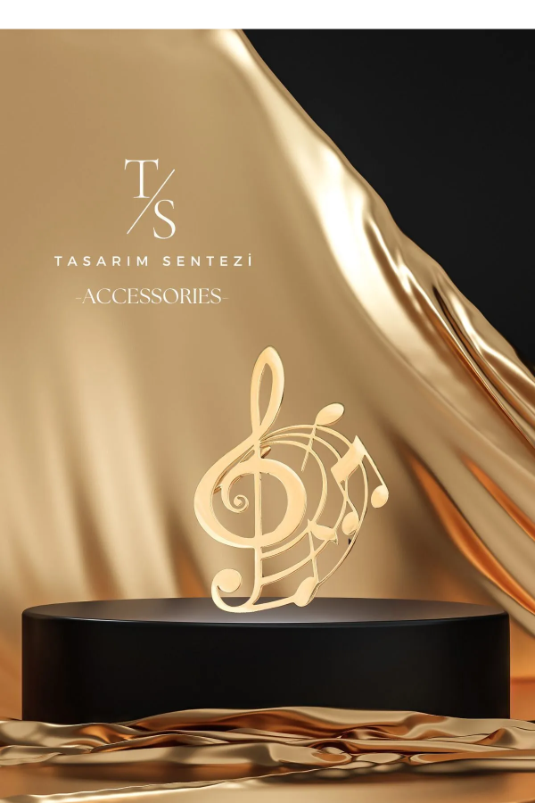 Broş Çelik Muzik Nota Sol Anahtari Gold Music