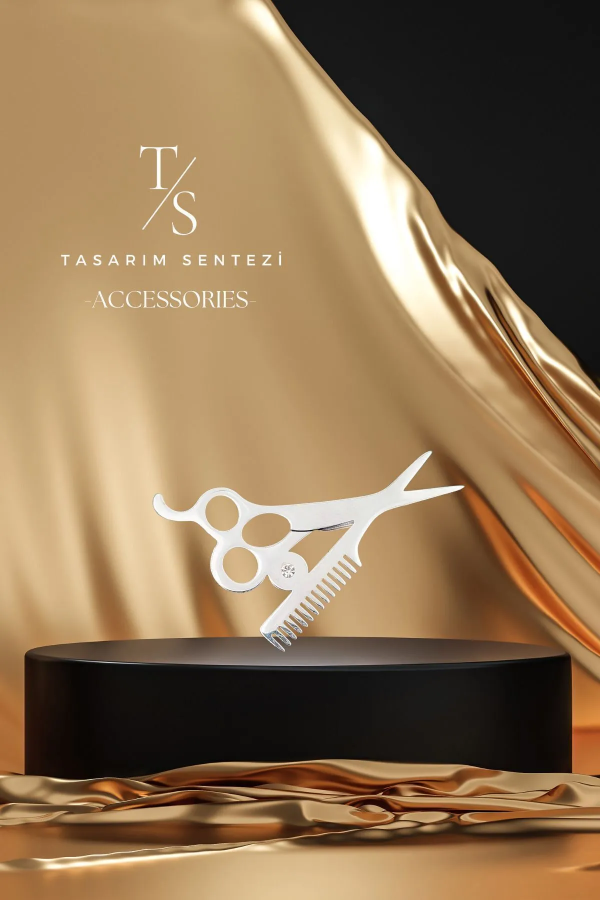 Broş Çelik Kuaför Makas Tarak Berber Silver Taşlı