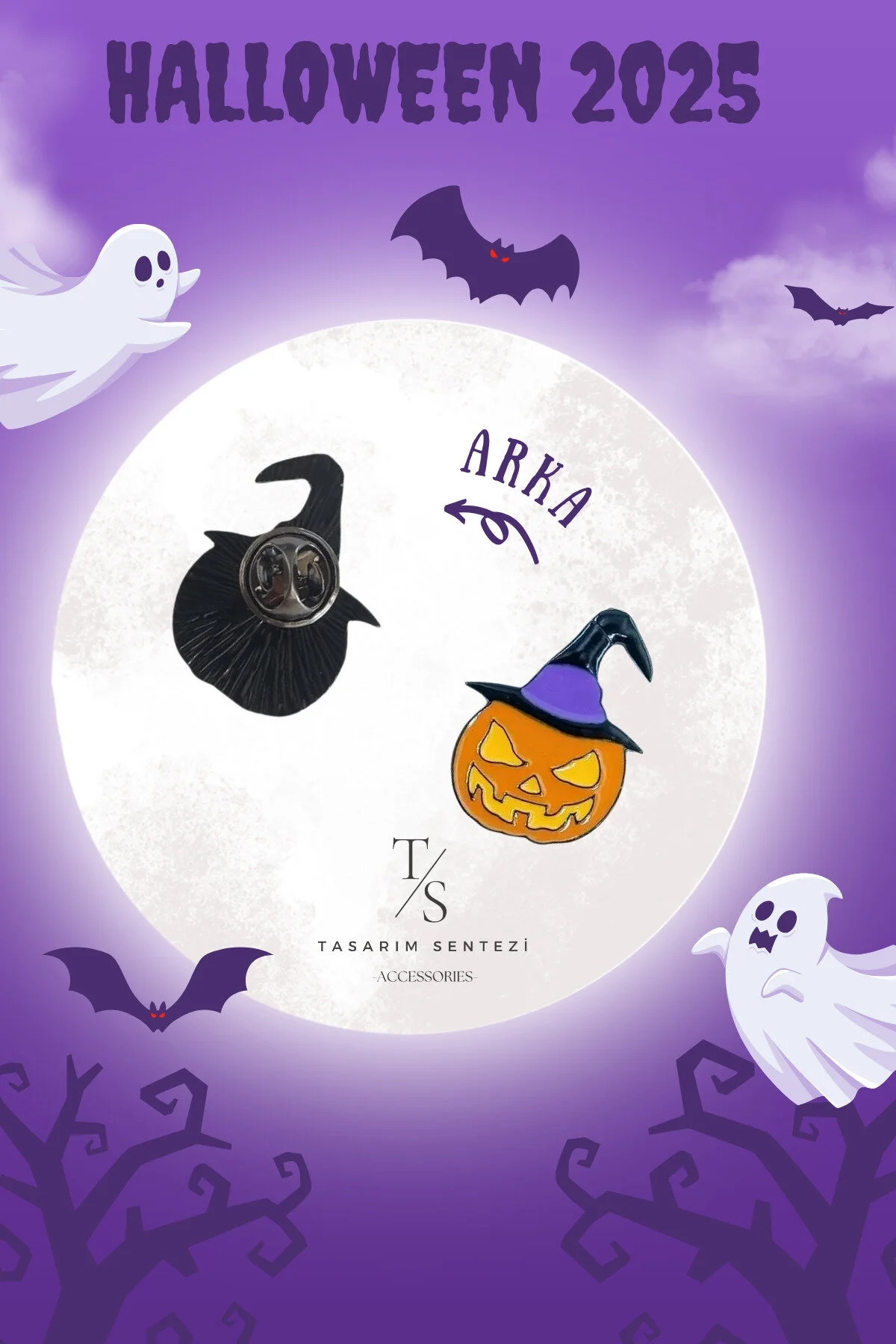 2’li Halloween Cadılar Bayramı Balkabağı Rozet Örümcek Tül Mor Toka