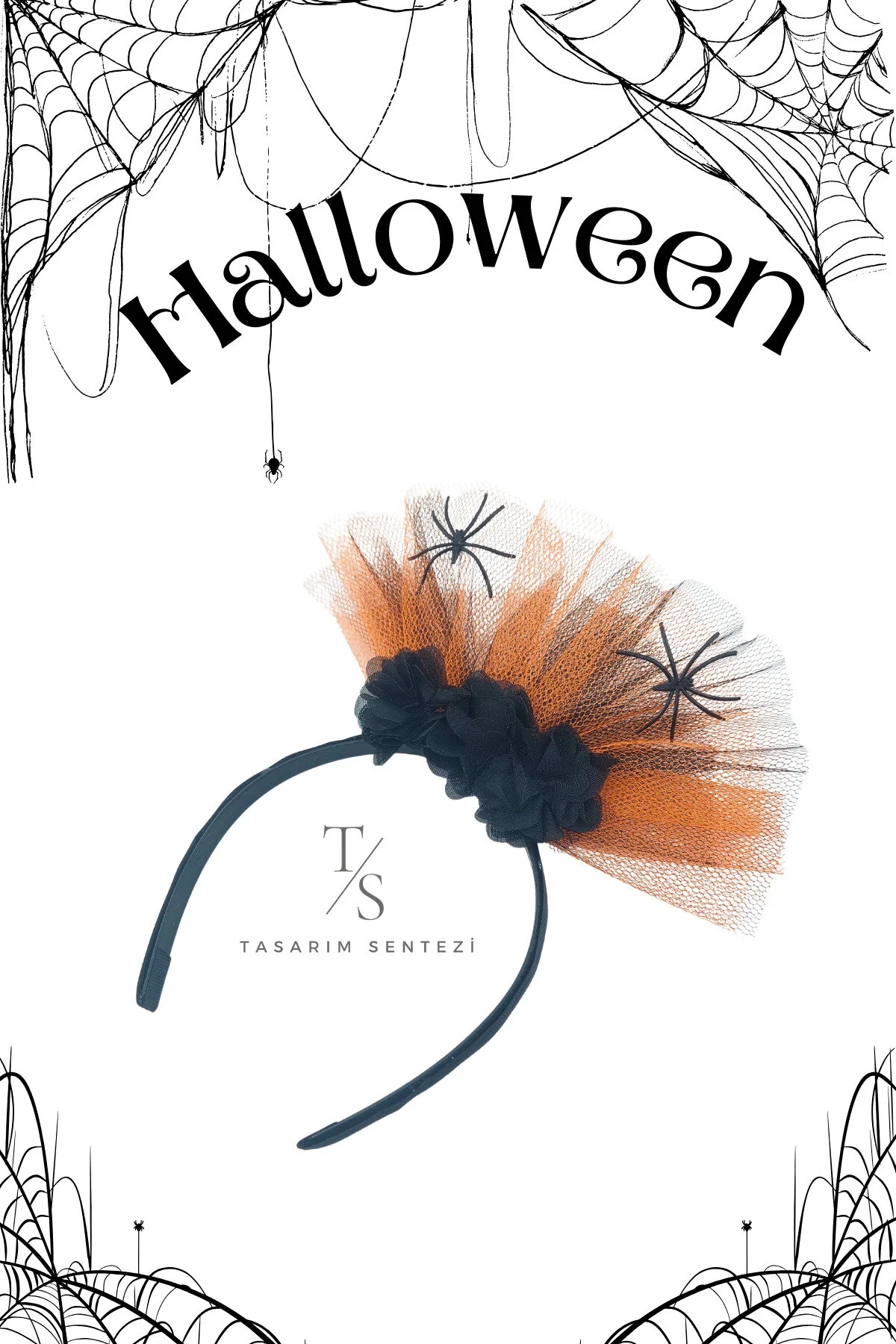 Halloween Cadilar Bayrami Siyah Turuncu Tül Böcekli Çiçekli Taç Parti