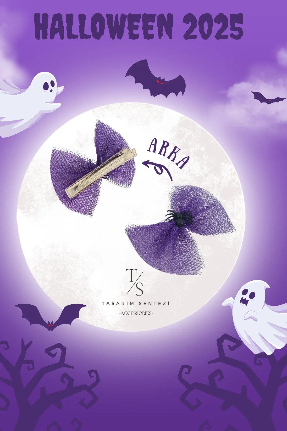 2’li Halloween Cadılar Bayramı Balkabağı Rozet Örümcek Tül Mor Toka