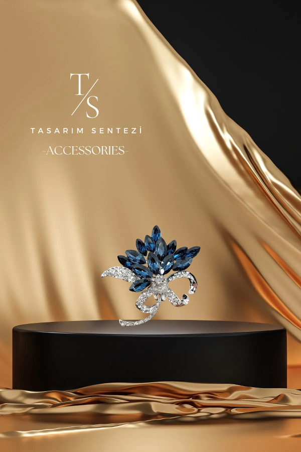 Broş Metal Buket Çiçek Mavi Taşlı Kristal