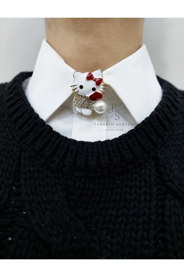 Brooch Metal Cat Ribbon Stone Pearl